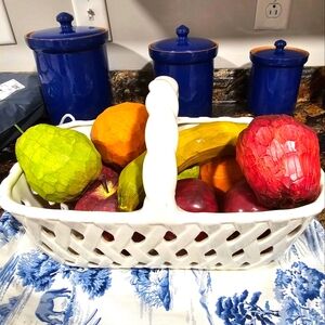 Decorative  ceramic basket with hand crafted wooden fruit